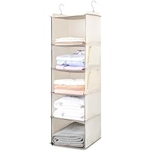 BOOMIBOO Hanging Closet Organize and Shelves,5-Hanging Shelf with 2 Side Pockets,Storage Foldable (Beige)