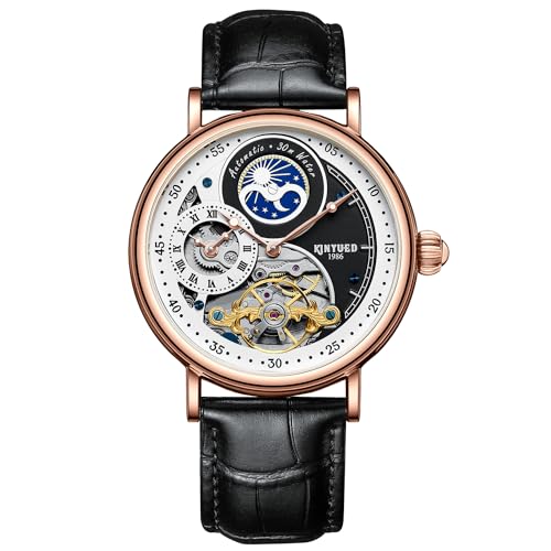 IK COLOURING Mens Luxury Skeleton Automatic Mechanical Wrist Watches Leather Moon Phrase Luminous Hands Self-Wind Watch,Tourbillon Automatic Waterproof Wrist Watch for Men Gift