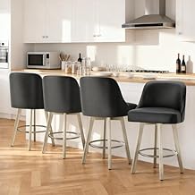 Counter Height Bar Stools Set of 4, Modern Swivel Barstools with Back and Wood Legs, Faux Leather Upholstered Bar Chairs, 26" Seat Height Counter Stools for Kitchen Island,Black