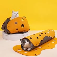 ZEZE Cheese Cat Tunnel for Indoor Cats, Felt Peek Hole Hide Tunnel Toy with Snap Buttons, Foldable Interactive Cat Play Mat for Hide & Seek and Indoor Enrichment