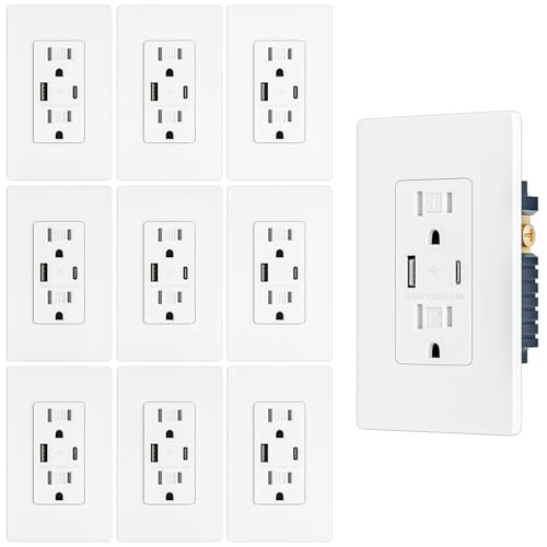 10 Pack - BRILLTECH 4.8A24W USB Outlet, Wall Outlet with Type C & Type A Ports, 15 Amp Receptacle Plug, Tamper-Resistant Receptacle, Screwless Wall Plate Include, UL Listed, White