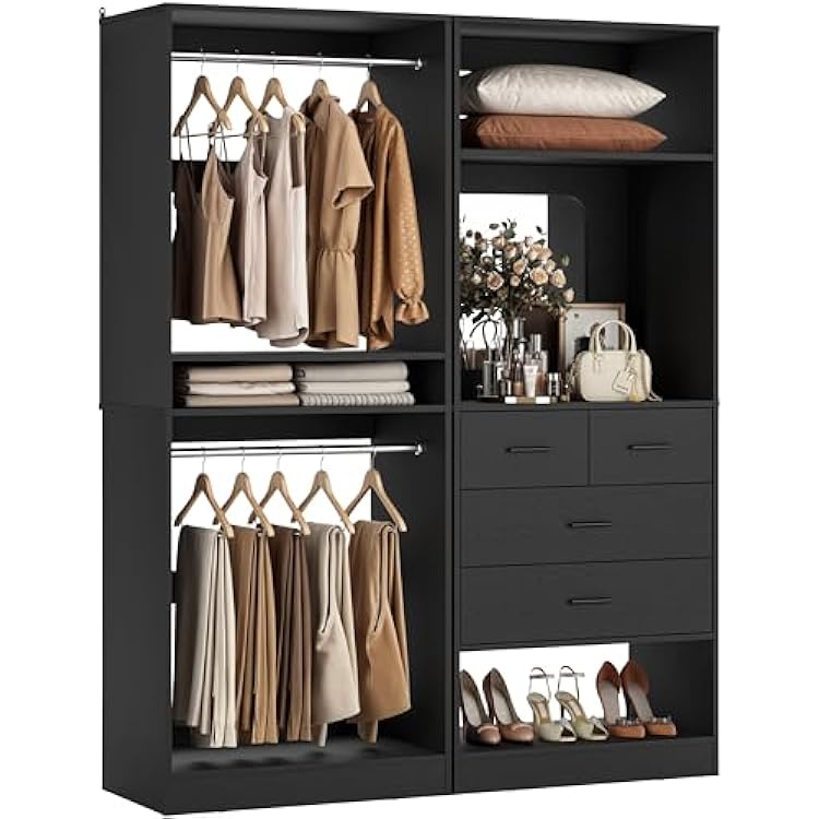 Unikito 50 Closet System with 4 Drawers, 4.2FT Wood Closet Organizer with Hanging Rods and Mirror, Reversible Small Walk in Closet Wardrobe, Adjustable Sturdy Clothes Garment Rack, Set of 2, Black
