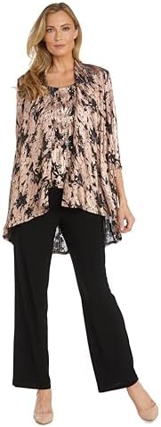 R&M Richards Women's 3-Piece Dressy Pant Suit W/Foil Jacquard Tank Top, Matching Duster Jacket & Chiffon Straight-Leg Pants