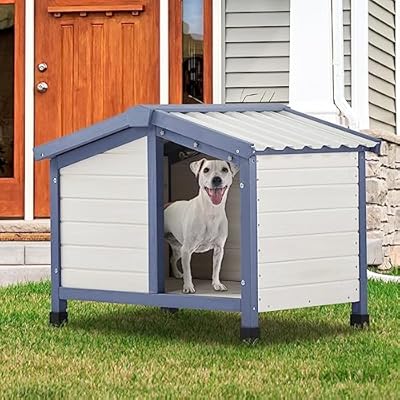 Petsfit Small Dog House, 33 L x 22.5 W x 25.2 H Waterproof PVC Roof Dog House for Small Dogs,Small Dog House with Adjustable Foot Mat and Door Flap, White