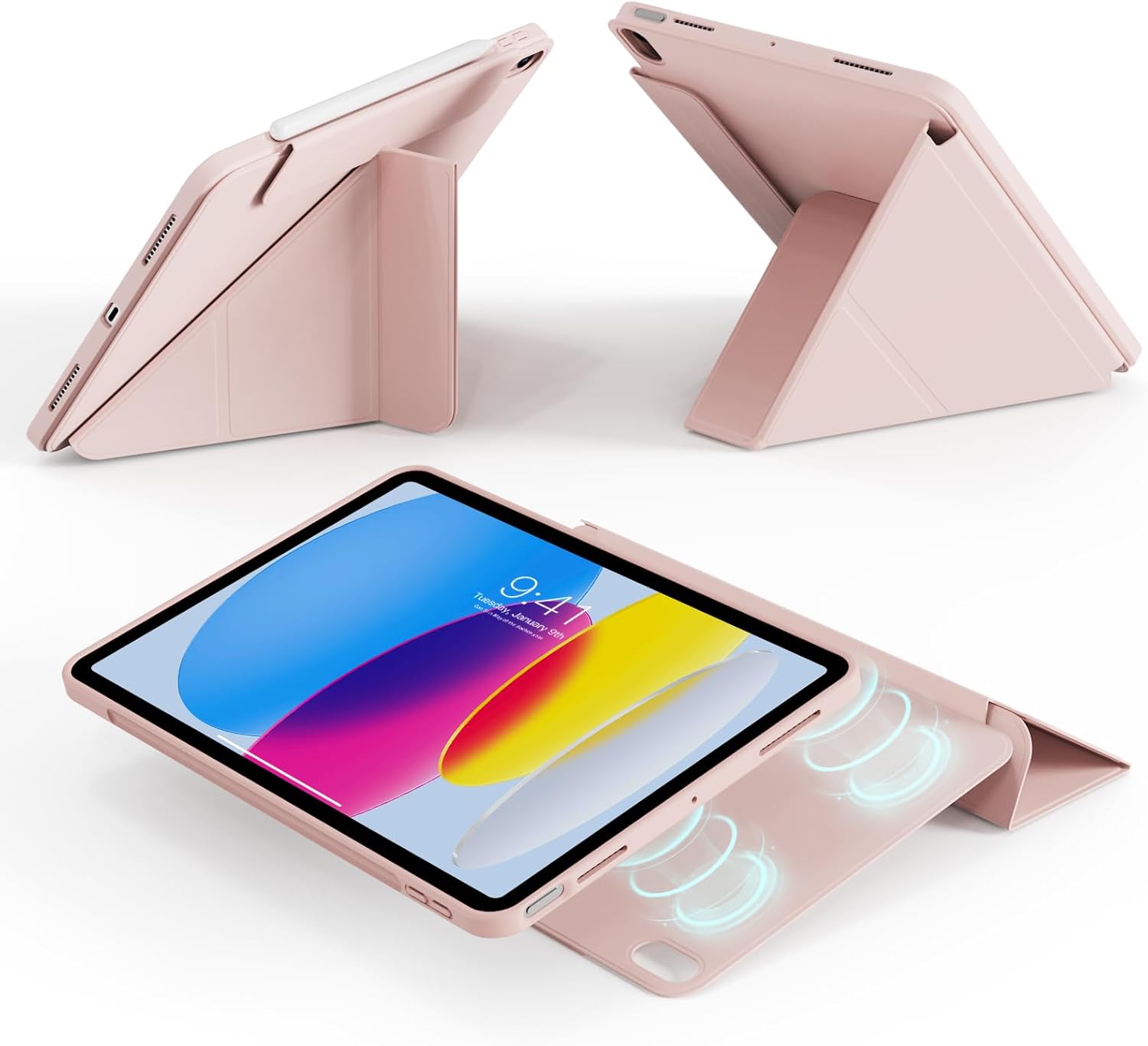 Case for iPad A16 11th Generation 11 Inch, for iPad 10th Generation 10.9 Inch - Magnetic Detachable Y-Shaped Cover, Clear 360 Rotating Backshell & Multi-Angle Stand, Auto WakeSleep, Pink