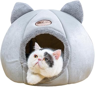 Cat Ear-Shaped Bed for Indoor Cats,Semi-Enclosed Kitten Bed with A Removable Mat& Non-Slip Bottom for Cat and Small Dog,Cat Hideaway (Gray, M:141414in(363636cm))