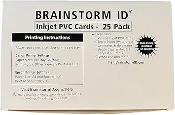 Brainstorm ID Inkjet PVC Cards (25 Pack) - 30 Mil - Inkjet Printable ID Cards - Enhanced Ink Receptive Coating - Waterproof & Double Sided Printing - Works with Epson & Canon Inkjet Printers