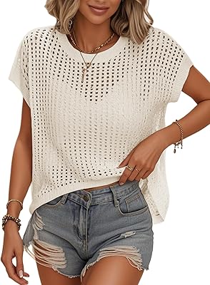 Womens Summer Crochet Tops Hollow Out Cap Sleeve Cover Up Tank Top Pullover Sweater Vest Beach Vacation Clothes
