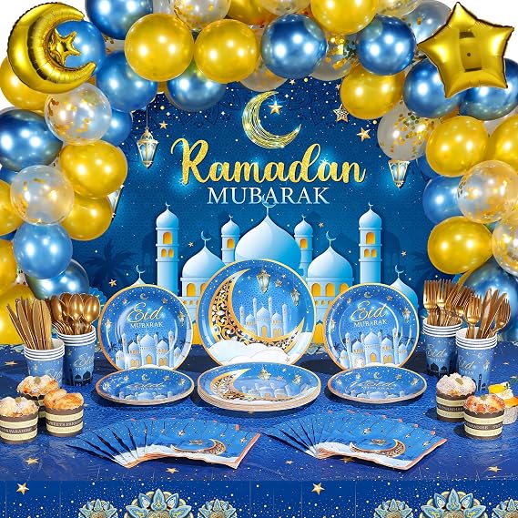 Redbaker 167 Pcs Eid Mubarak Party Decoration Ramadan Mubarak Backdrop Banner Tablecloth Eid Al-fitr Balloon 16 Set Tableware Plates Cups Napkins Cutlery for Home Muslim Ramadan Party SuppliesBlue